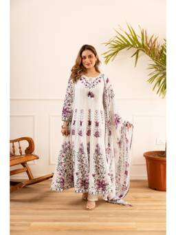 Nehamta - Women Off White-Purple Floral Printed Anarkali Kurta with Pant and Dupatta