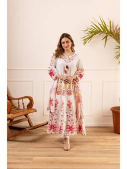 Nehamta - Women Off White-Pink Floral Printed Anarkali Kurta with Pant and Dupatta