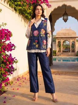 Autumnlane - Women Navy Blue Floral Embroidered Shirt with Pant and Jacket