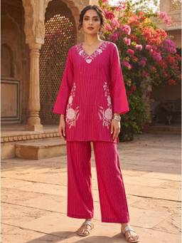 Autumnlane - Women Pink Stripes Embroidered Kurta with Pant