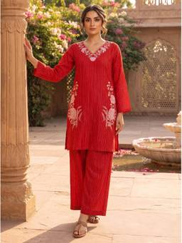 Autumnlane - Women Red Stripes Embroidered Kurta with Pant