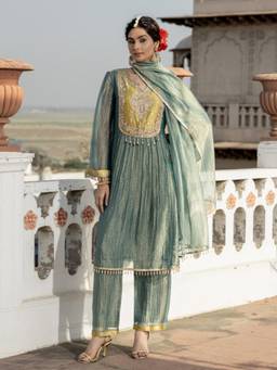 Autumnlane - Women Green Sequined Beads-Stone Work Kurta with Pant and Dupatta
