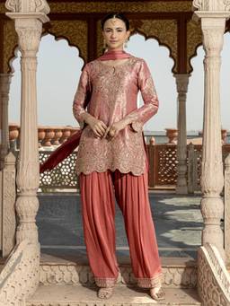 Autumnlane - Women Peach Woven Sequined Work Kurti with Salwar and Dupatta