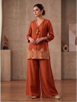 Autumnlane - Women Rust Embroidered Zari Kurti with Palazzo