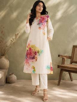 Mud spire - Women Off White Floral Printed Kurta with Pant