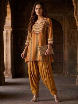 Autumnlane - Women Mustard Printed Embroidered Kurti with Salwar