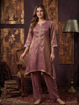 Autumnlane - Women Mauve Sequined Beads-Stone Work Kurta with Pant