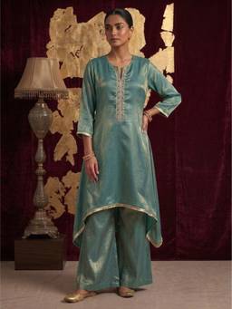 Autumnlane - Women Teal Sequined Beads-Stone Work Kurta with Pant