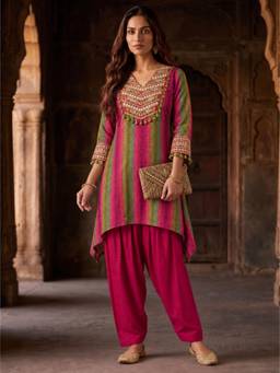 Autumnlane - Women Multi-Color Printed Embroidered Kurti with Salwar