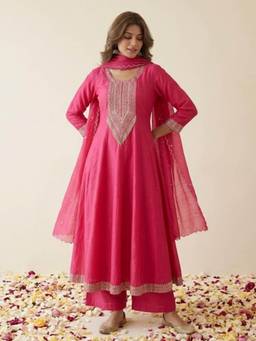 Autumnlane - Women Pink Embroidered Beads and Stones Anarkali Kurta with Pant and Dupatta