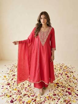 Autumnlane - Women Red Embroidered Sequined Work Anarkali Kurta with Pant and Dupatta