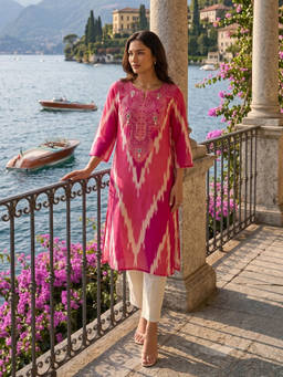 Autumnlane - Women Pink Printed Mirror Work Kurta with Pant