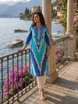 Autumnlane - Women Blue Printed Mirror Work Kurta with Pant