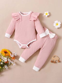 Hopscotch - Girls Pink Bow Applique Onesie and Pant (Set of 2)