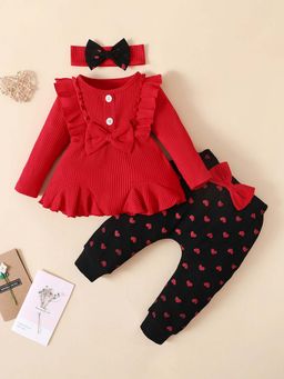 Hopscotch - Girls Red Heart Print Top and Joggers with Head Band (Set of 3)