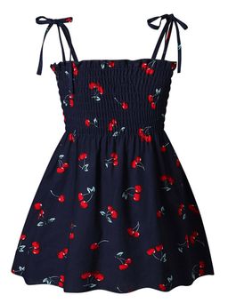 Hopscotch - Girls Navy Cherry Print Shirred Strappy Dress