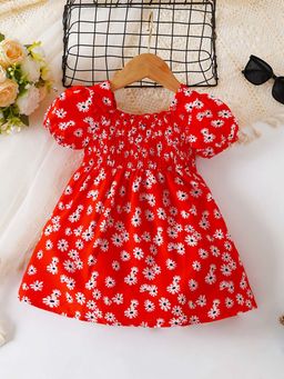Hopscotch - Girls Red Puff Sleeves Fit and Flare Casual Dress