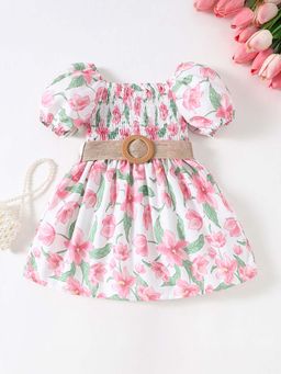 Hopscotch - Girls White Floral Print Puff Sleeve Dress with Belt (Set of 2)