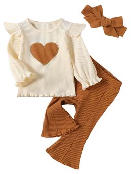 Hopscotch - Girls Beige and Brown Heart Patch Top and Pant Set with Headband (Set of 3)