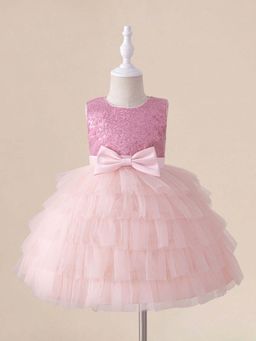 Hopscotch - Girls Pink Sequin Embellished Sleeveless Dress with Bow Applique