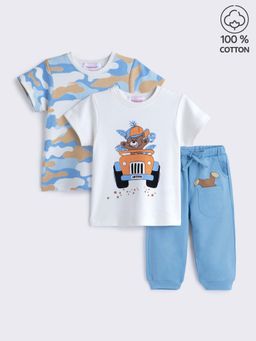 Hopscotch - Boys Pure Cotton Printed Two T-Shirts and Joggers (Set of 3)