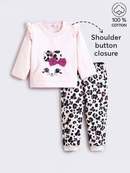 Hopscotch - Girls Pink Cat Print T-Shirt and Joggers (Set of 2)