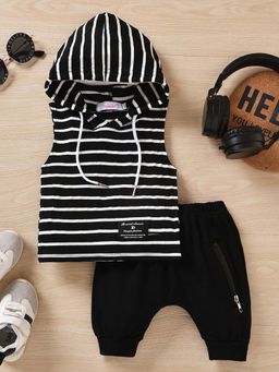 Hopscotch - Boys Black Stripe Print Slim Fit T-Shirt and Shorts (Set of 2)