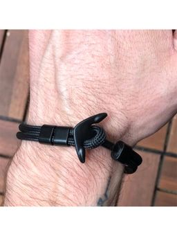 Yellow Chimes - Men Black Rhodium-Plated Black Adjustable Anchor Bracelet