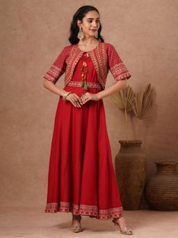FASHOR - Red Solid Dress with Jacket (Set of 2)