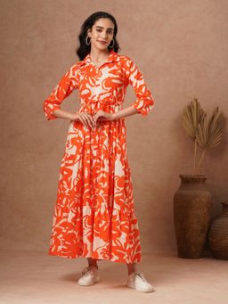 FASHOR - Orange Abstract Dress with Belt (Set of 2)
