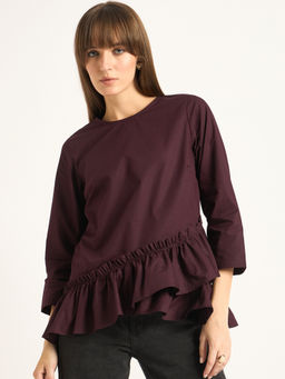 Femmella - Wine Asymmetric Ruffle Detailing Poplin Top