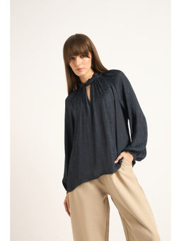 Femmella - Navy Blue Satin Neck Twist Detail Top