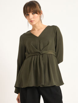 Femmella - Olive Front Twist Detail Satin Top