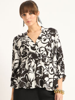 Femmella - Black & White Floral Print Wrap Top