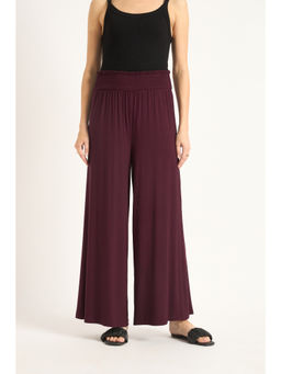 Femmella - Wine Knit Smocking Detail Flared Palazzo Pant