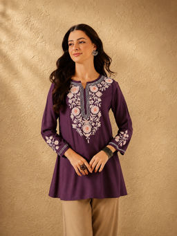 QAZMI - Aari Work Viscose Rayon Full Sleeves A-Line Flared Kurti