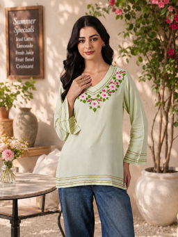 QAZMI - Floral Kashmiri Aari Work Viscose Rayon V-Neck Full Sleeves Kurti