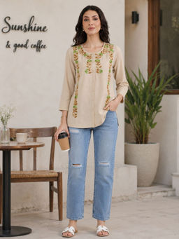 QAZMI - Beige Women Aari Embroidered Cotton Linen Buttoned Top