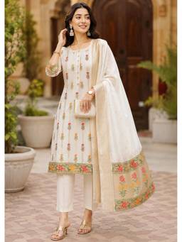 Gahan - Women's White Cotton Embroidered Kurta with Pant & Dupatta