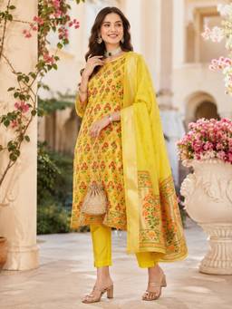 Gahan - Women's Yellow Cotton Embroidered Kurta with Pant & Dupatta