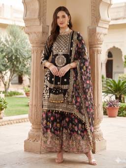 Gahan - Women's Black Faux Georgette Embroidery Kurta & Sharara with Dupatta