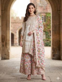 Gahan - Women's White Faux Georgette Embroidery Kurta & Sharara with Dupatta