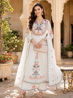 Gahan - Women's White Faux Georgette Embroidery Kurta with Palazzo & Dupatta