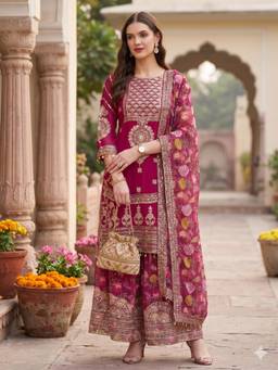 Gahan - Women's Pink Faux Georgette Embroidery Kurta & Sharara with Dupatta