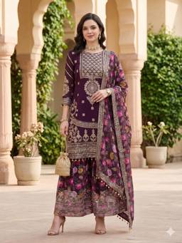 Gahan - Women's Wine Faux Georgette Embroidery Kurta & Sharara with Dupatta