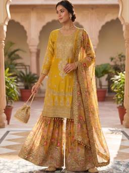 Gahan - Women's Mustard Faux Georgette Embroidery Kurta & Sharara with Dupatta
