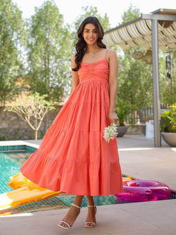 B'Infinite - Tangerine Smocked Tier Midi Dress