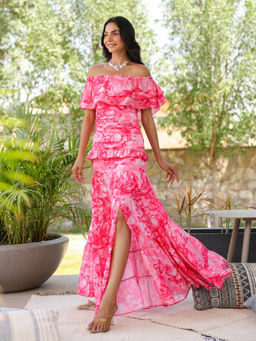B'Infinite - Rose Pink Peony Ruffled Off Shoulder Dress