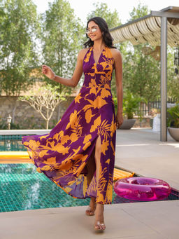 B'Infinite - Purple Tropical Bloom Tie- Up Dress