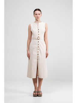 SOTBELLA - A-Line Button Up Beige Dress With Belt (Set of 2)
